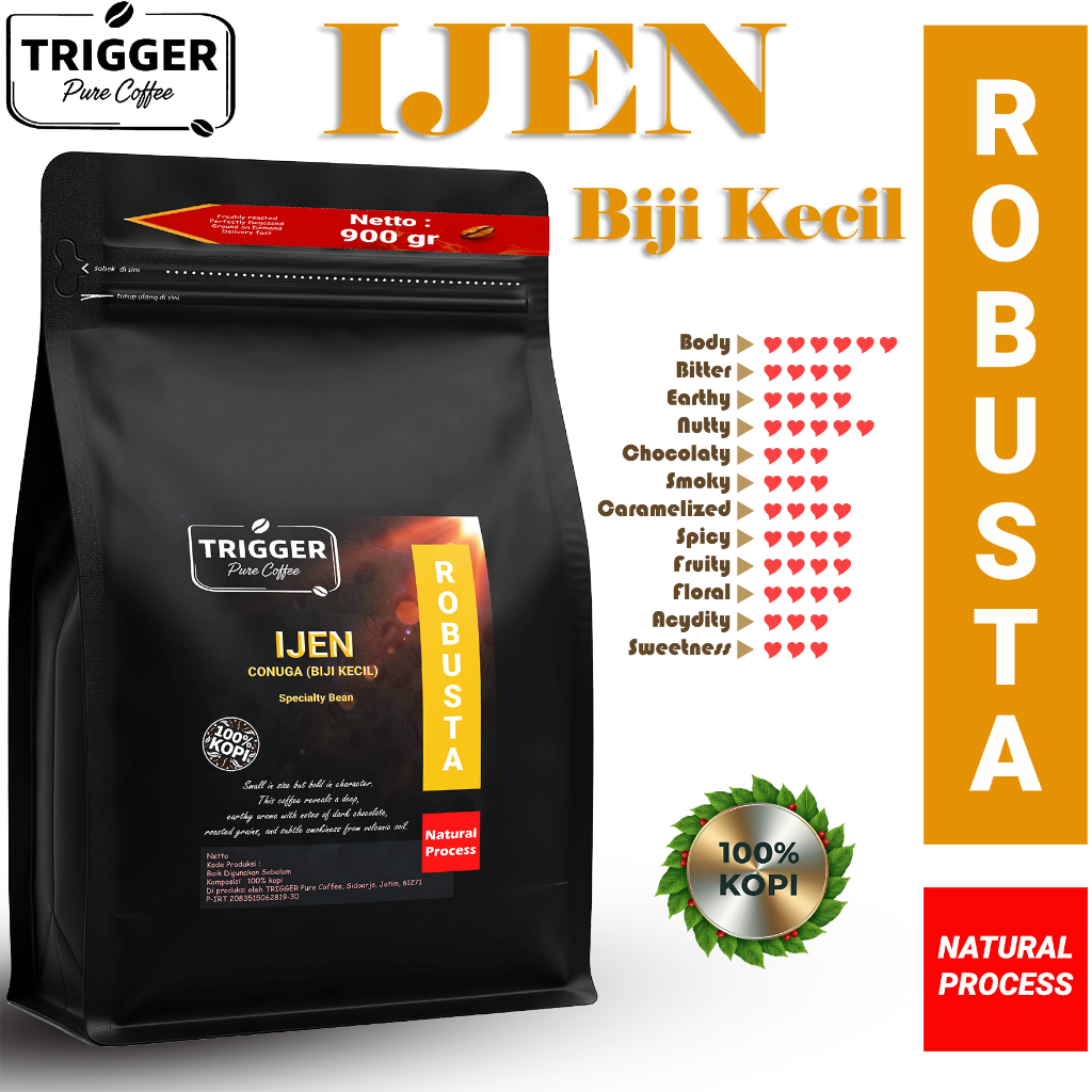 KOPI Robusta CONUGA ( Biji Kecil ) TRIGGER PURE COFFEE IJEN Natural Specialty Grade 1 Petik Merah
