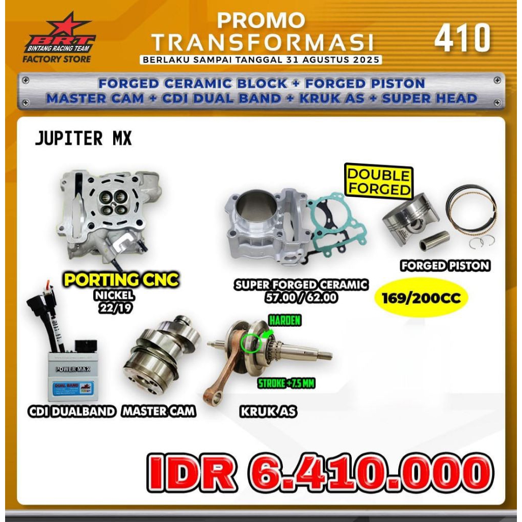 PAKET BORE UP JUPITER MX BRT 57MM 62MM 169CC 200CC GRATIS BUSI IRIDIUM - BINTANG RACING TEAM BRT