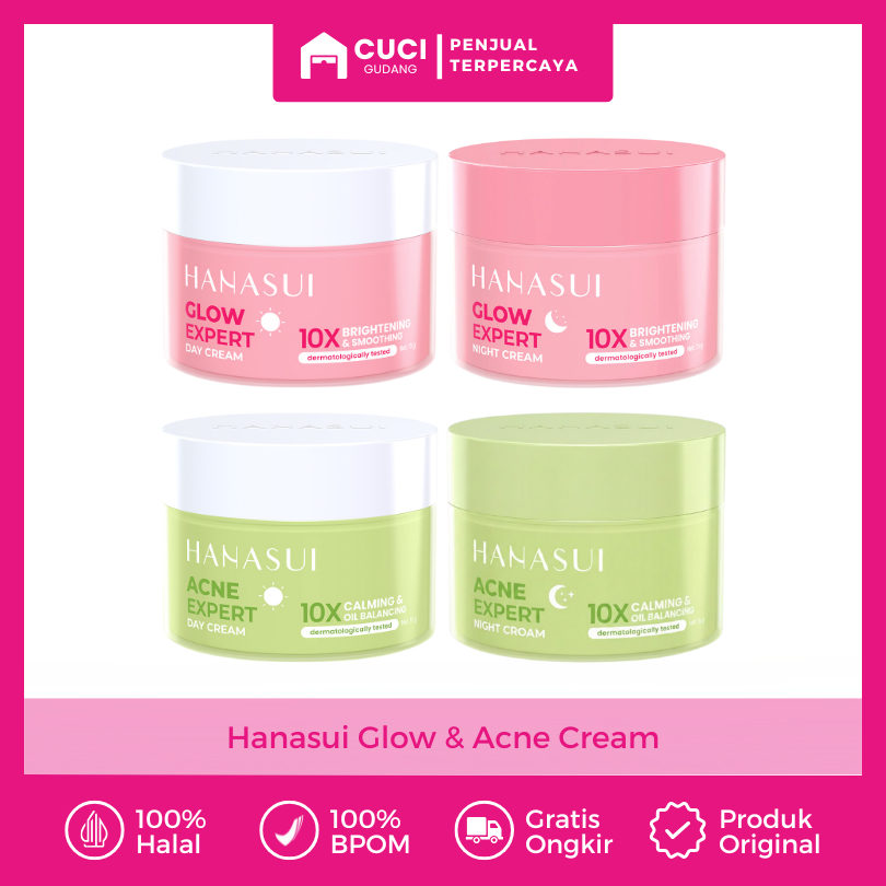 Cream Pemutih Wajah Glowing Cepat Penghilang Flek Hitam Jerawat Hanasui Glow Expert Krim Siang Malam