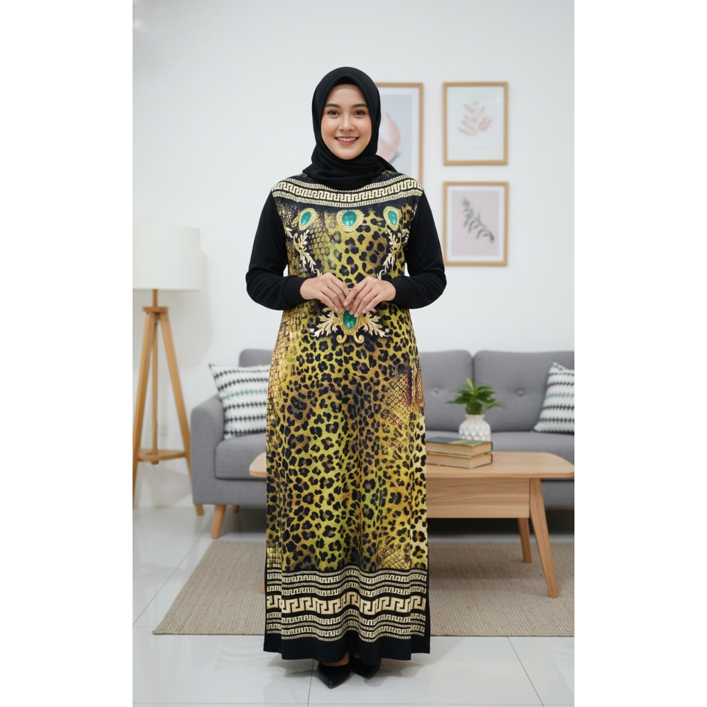 Gamis Spandek Hitam Motif Macan