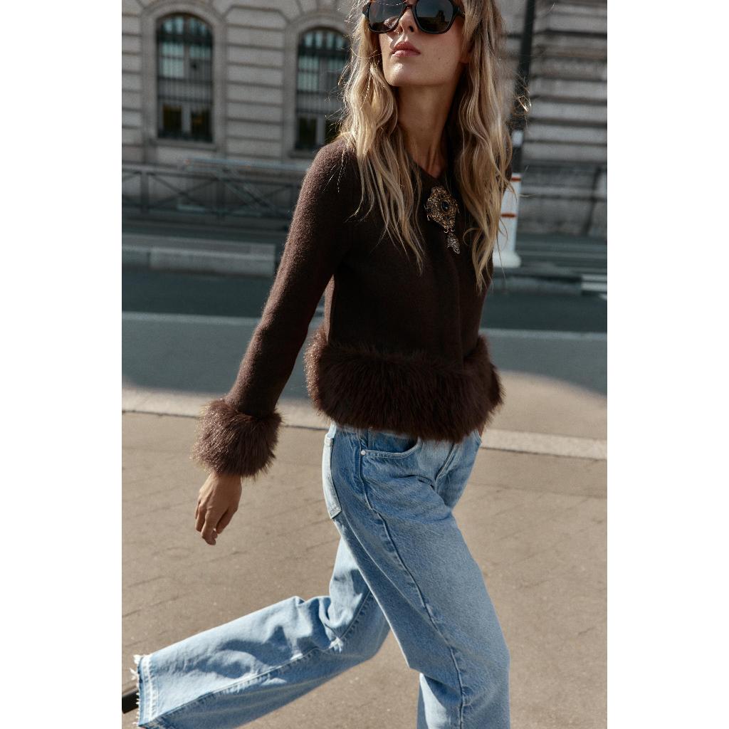 ZARA JAKET RAJUTAN KOMBINASI BULU IMITASI