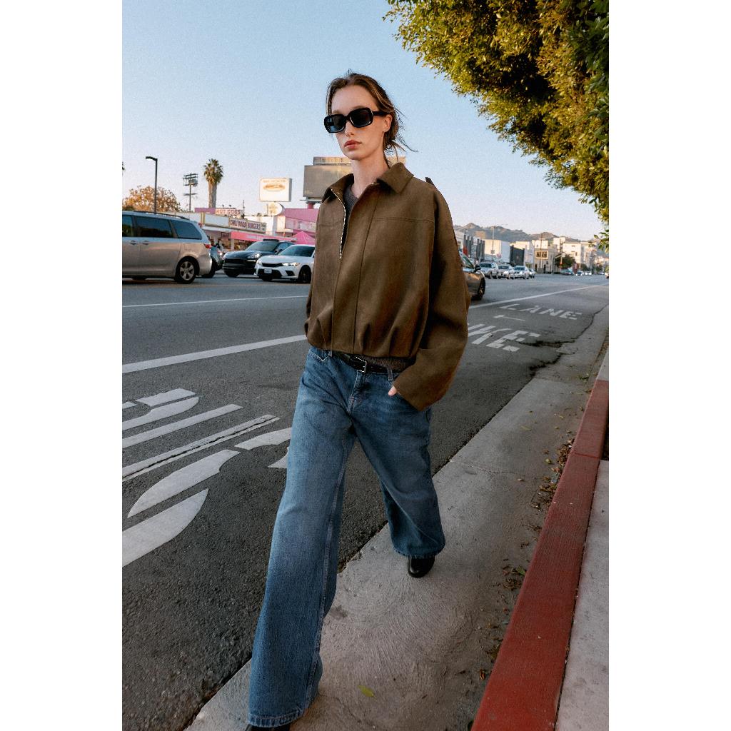 ZARA JAKET BOMBER BAHAN SUEDE JAKET BOMBER KERAH LAPEL DAN LENGAN PANJANG DENGAN SENGKELIT SABUK DI 