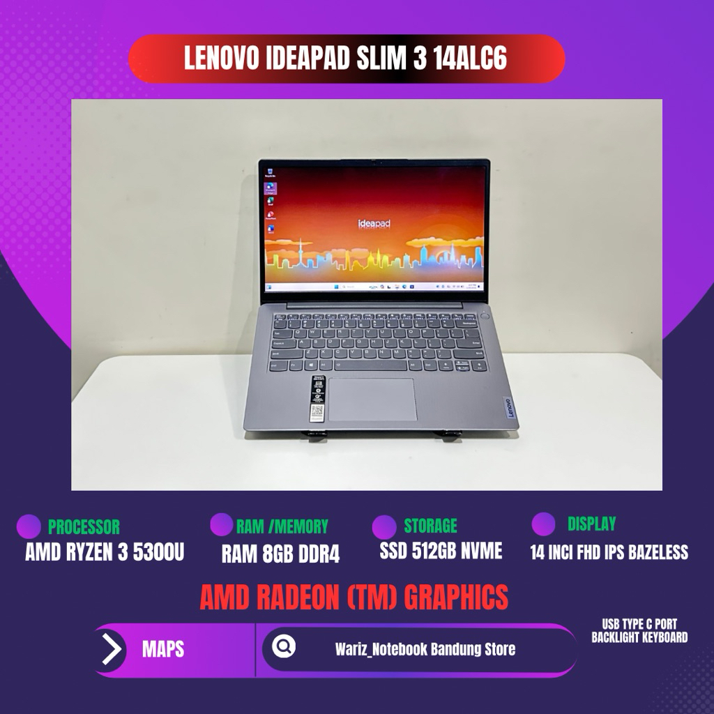 LENOVO IDEAPAD SLIM 3 14ALC6 AMD RYZEN 3 5300U RAM 8GB SSD 512GB 14inci FHD IPS