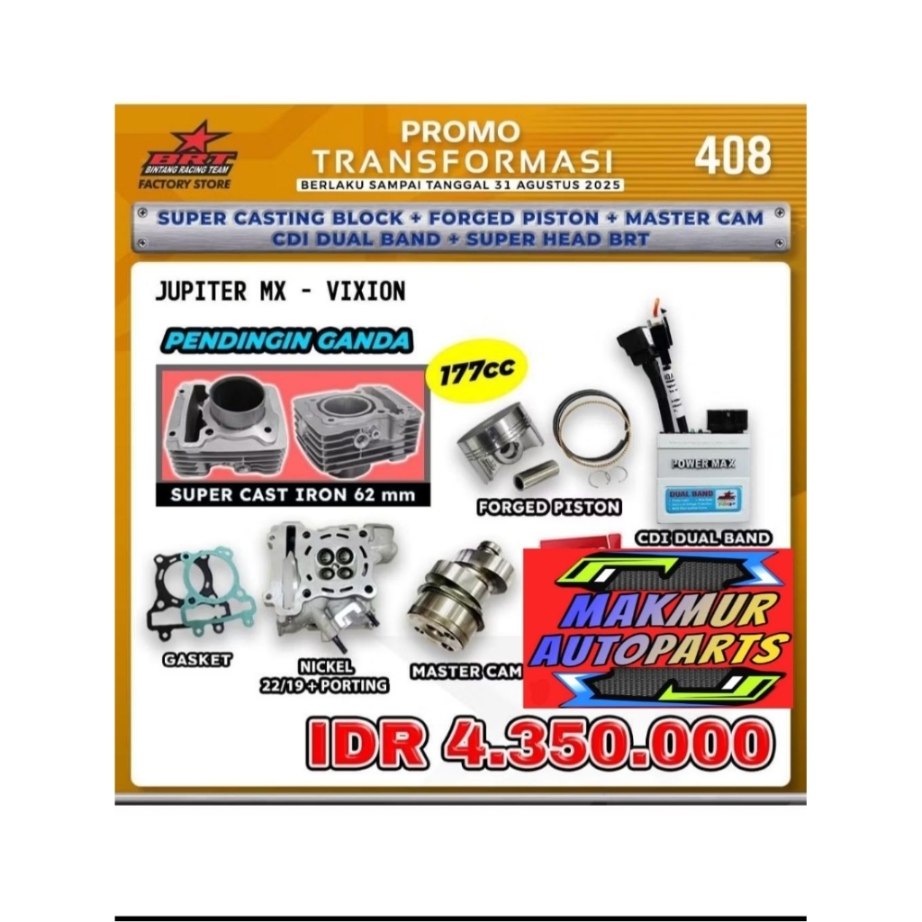 PAKET BORE UP BRT 177CC JUPITER MX/VIXION HEAD 22/19 + PORTING CNC(BINTANG RACING TEAM BRT)