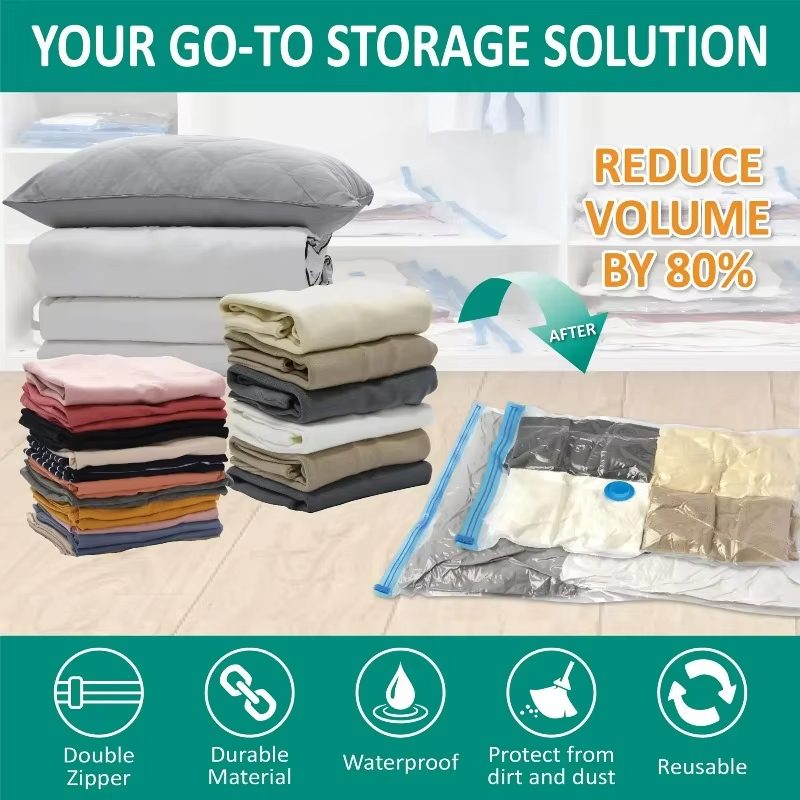 Tas Kantung Kantong Plastik Lipat Vakum Vacuum kompress Pakaian Transparan Travel Traveling Perapih Baju Handuk Celana Jalan Koper Pesawat Organizer Clothes Compression Bags Anti Air Banjir 40x60 60x80 70x100 100x130 CM Besar Pompa VACUM Elektrik Manual