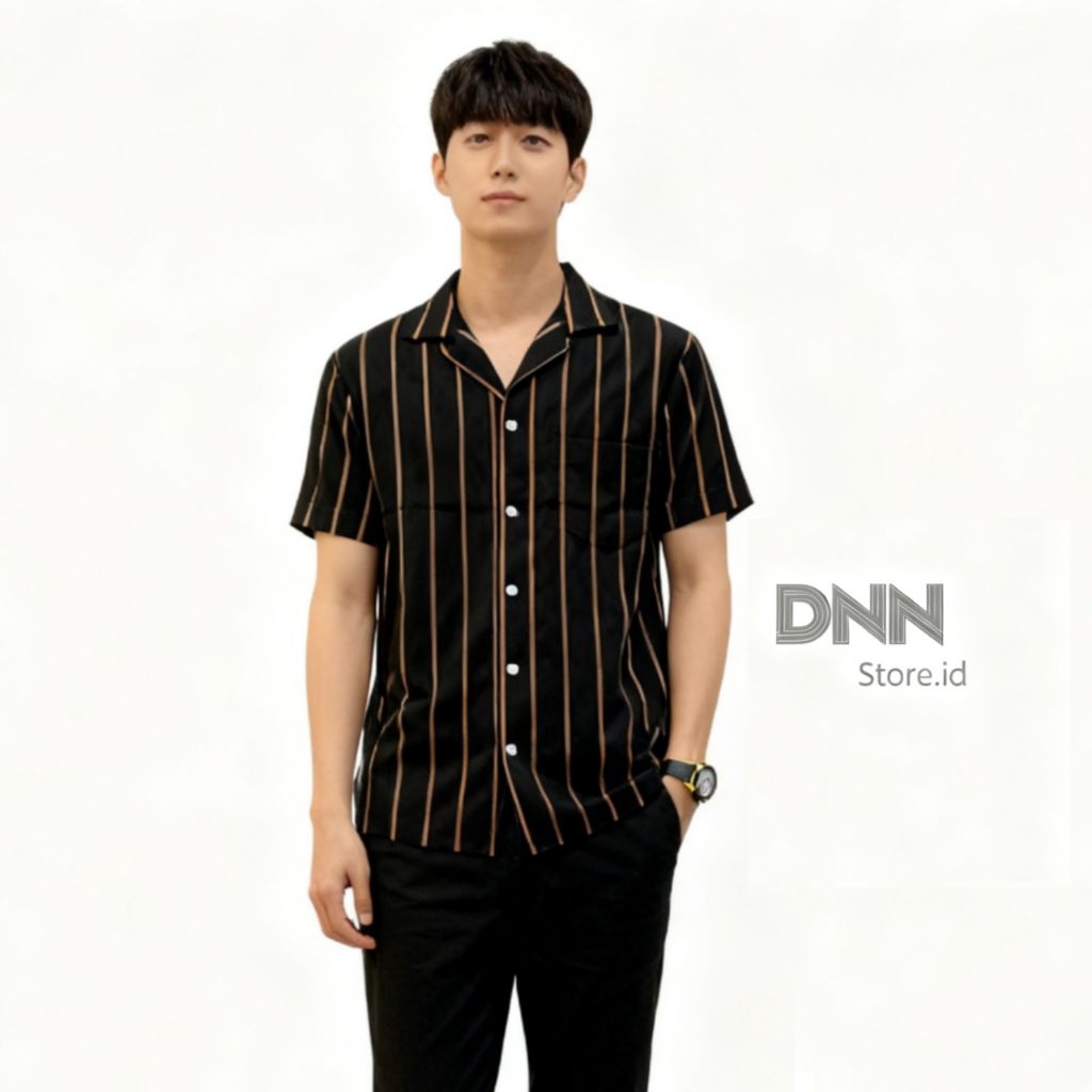 kemeja stripe hawai v-neck pria hem salur garis - garis terlaris kemeja pria lengan pendek premium