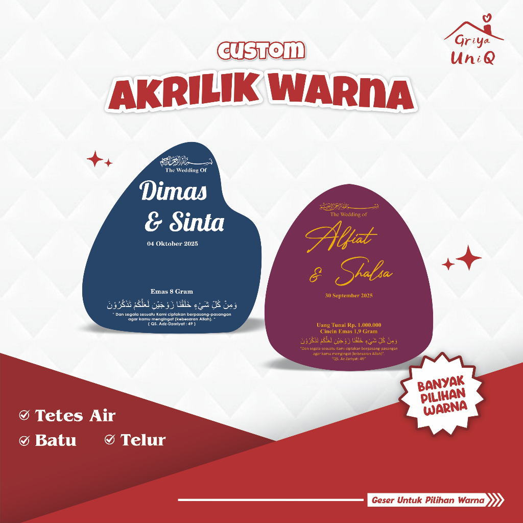 Griyauniq Custom Mahar Custom Tulisan Akrilik Tetes Air Hiasan Dekorasi Mahar Kekinian