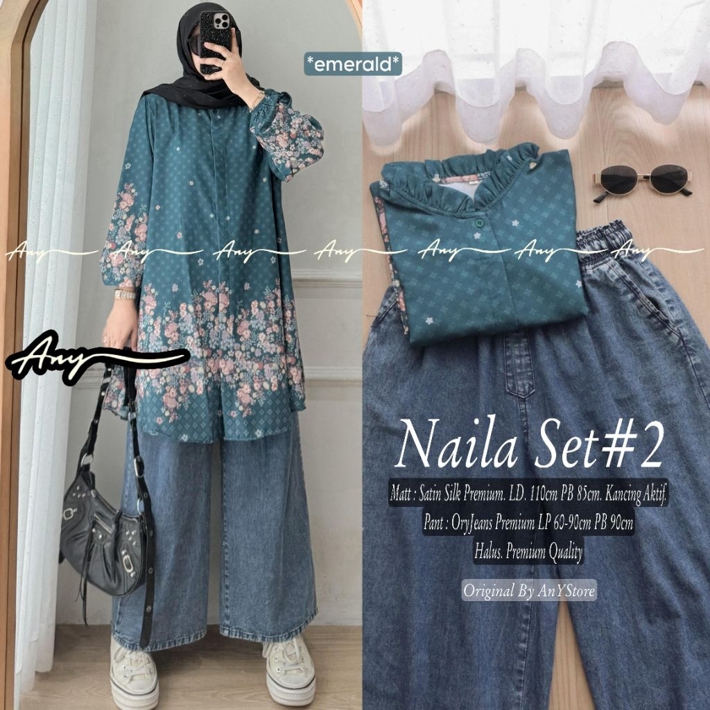 Naila setelan long tunic jumbo ld 130 ld 120 by A.N.Y celana highwaist jeans kulot baggy jeans premi