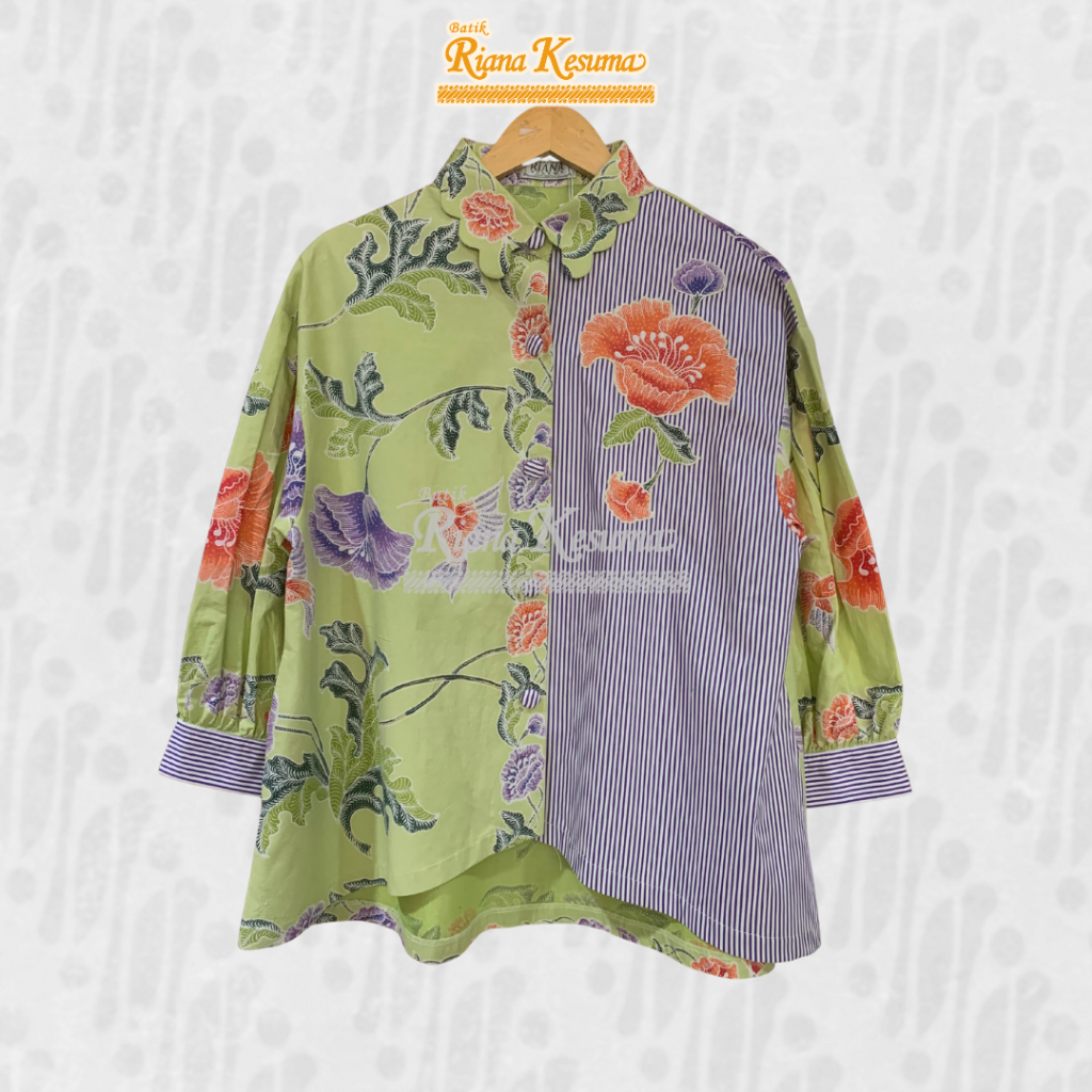 Batik Riana Kesuma - Atasan Kasual Blus Kerja Wanita Batik Tulis Kombinasi Stripe Aplikasi