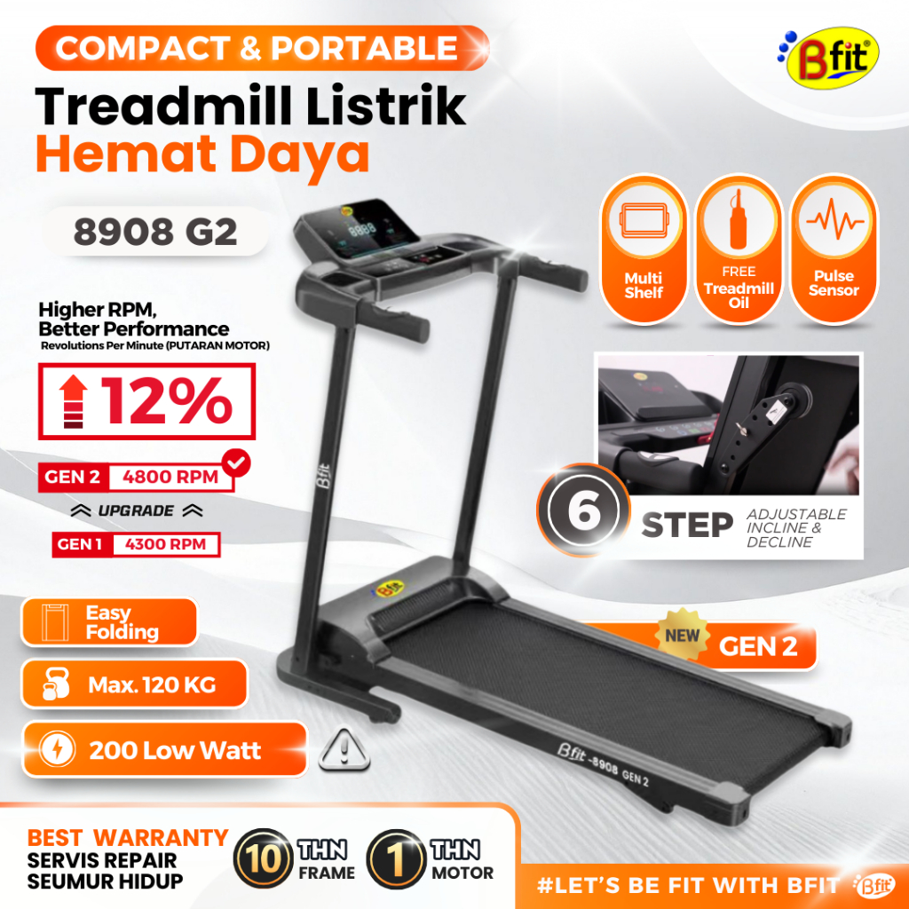 (SEMARANG) Treadmill Elektrik BFIT 8908 Multifungsi Murah Listrik Lipat Portable Low Watt Fitness