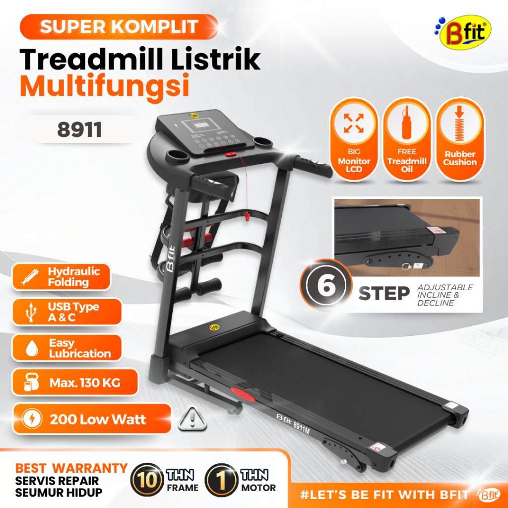 Treadmill Elektrik BFIT 8911M Multifungsi Listrik Lipat Portable Low Watt Fitness Gym