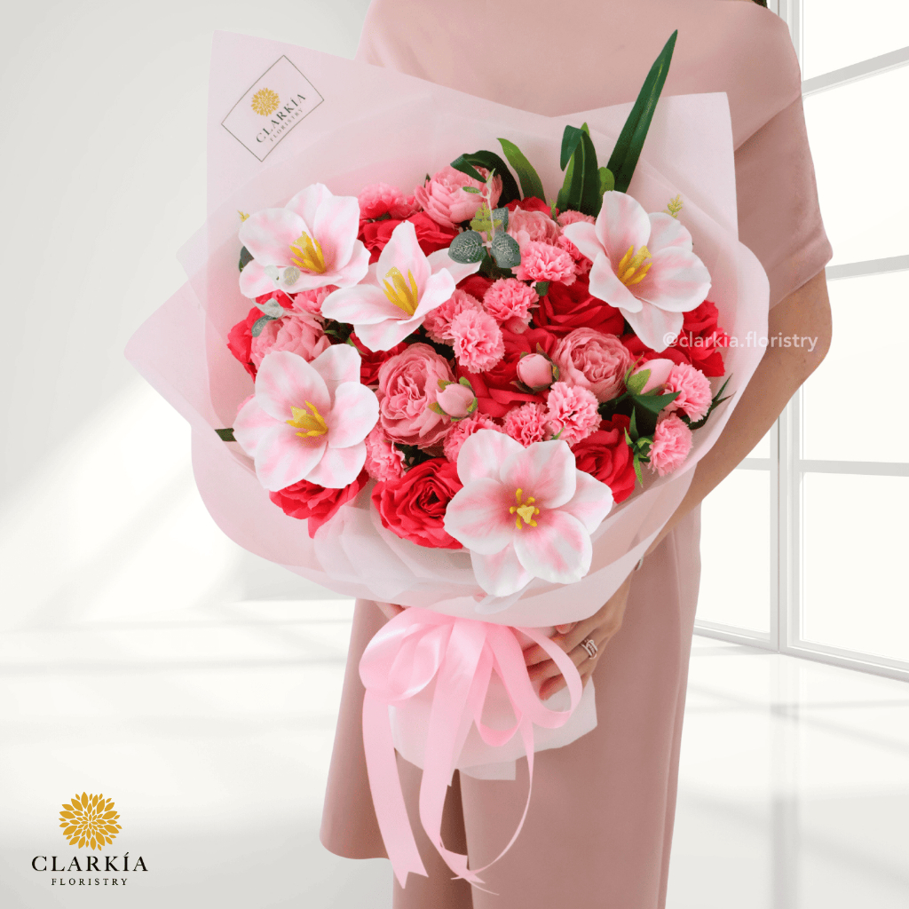 Artificial Pink Velours Bouquet Clarkia | Buket Bunga Lily | Hadiah Kado Wisuda Ulang Tahun Annivers