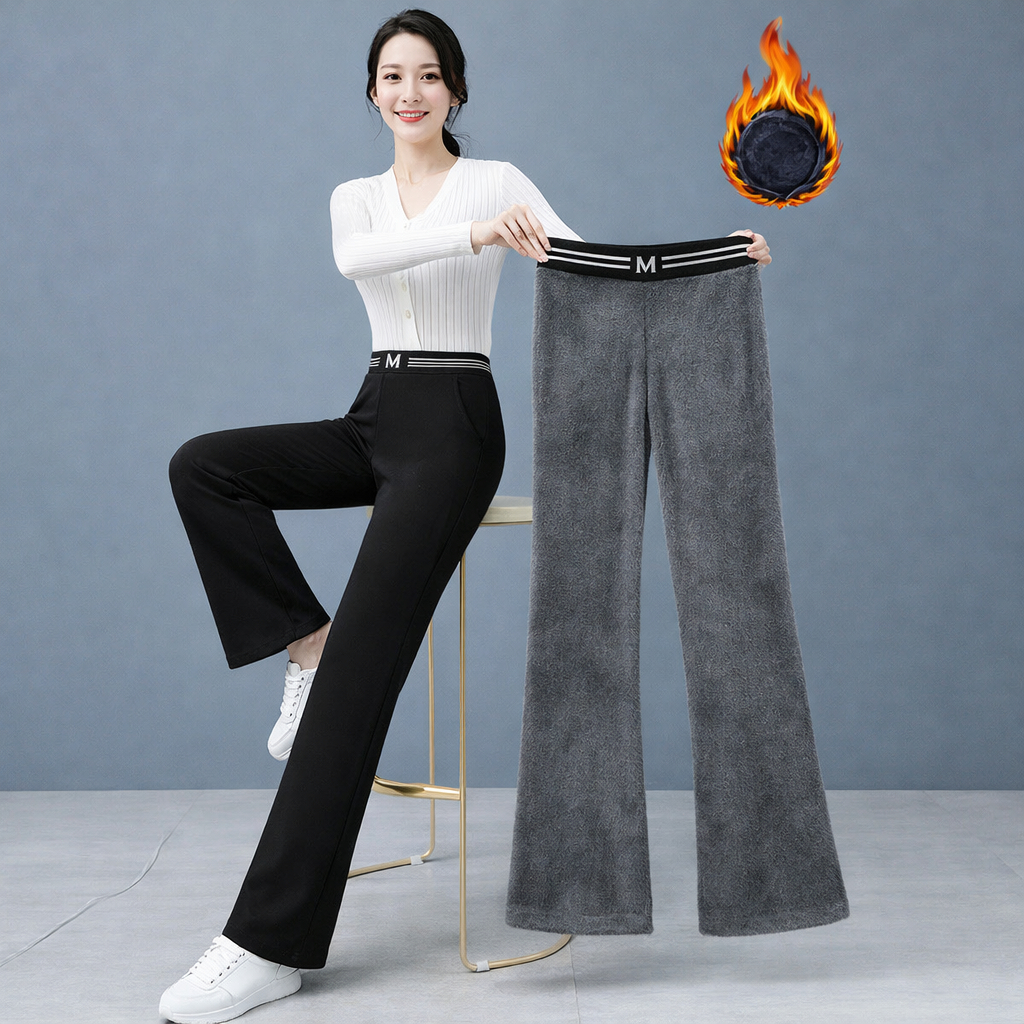 Celana panjang wanita musim dingin model high-waisted flared terbuat dari kain fleece tebal tersedia