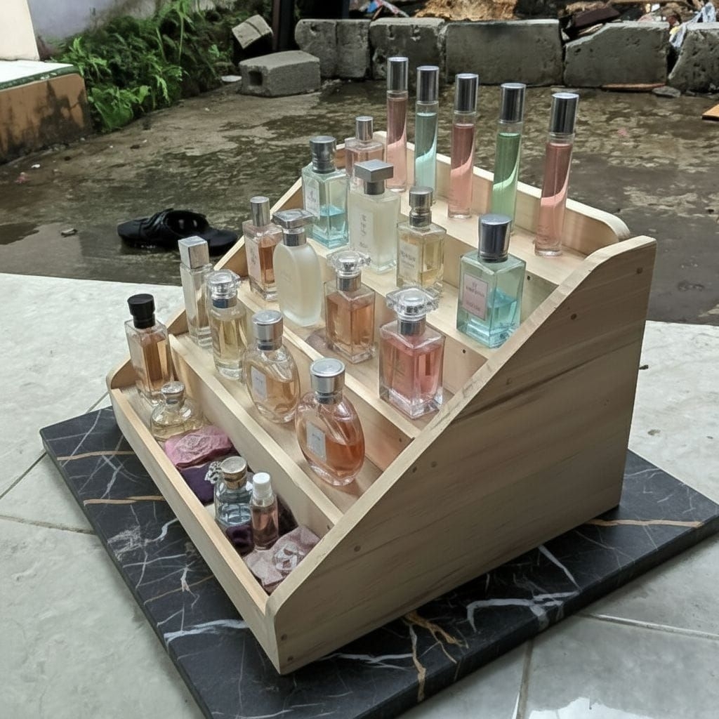 rak parfum,rak mainan, rak kosmetik, rak susun kayu serbaguna.