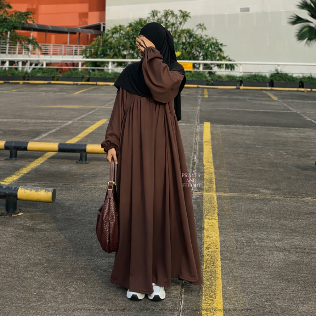 Marselina Abaya Muslimah Wolfis Premium Coklat Adem Jatuh Syar’i Polos Longgar Jumbo Allsize