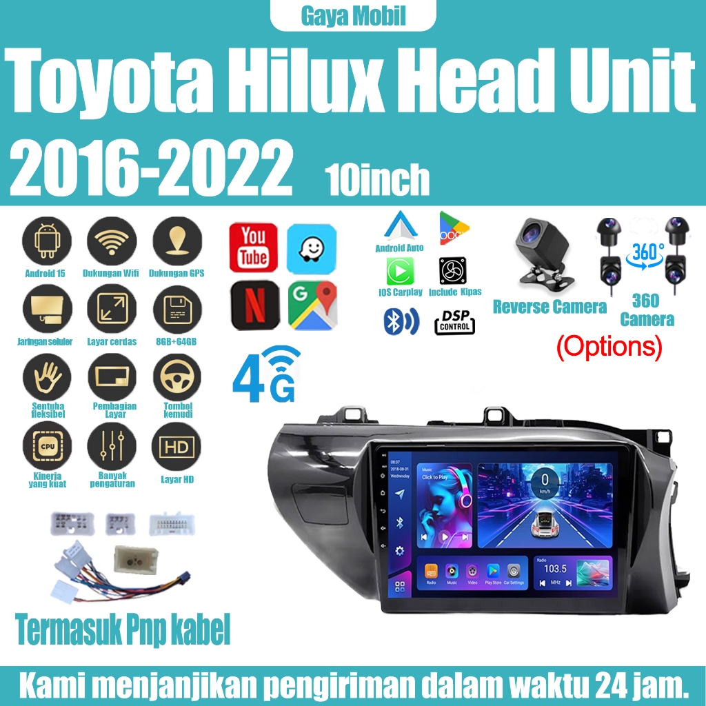 Toyota Hilux 2016-2022 Head Unit 8 Chip Nuklir 8+64GB/8+128GB Android 15 10 Inch Head Unit Dukungan 
