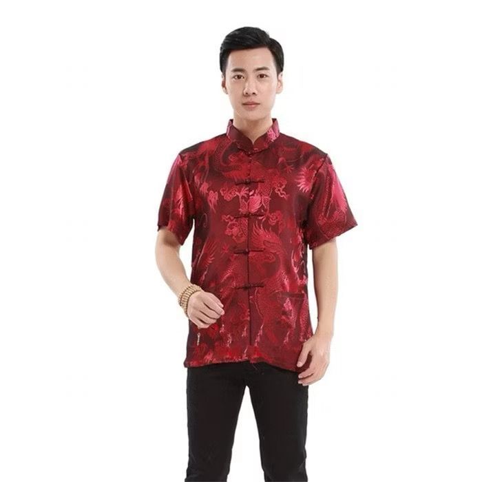 PROMO Edisi Imlek Cheongsam Pria Lengan Pendek Kemeja Formal Tradisonal China Motif NAGA