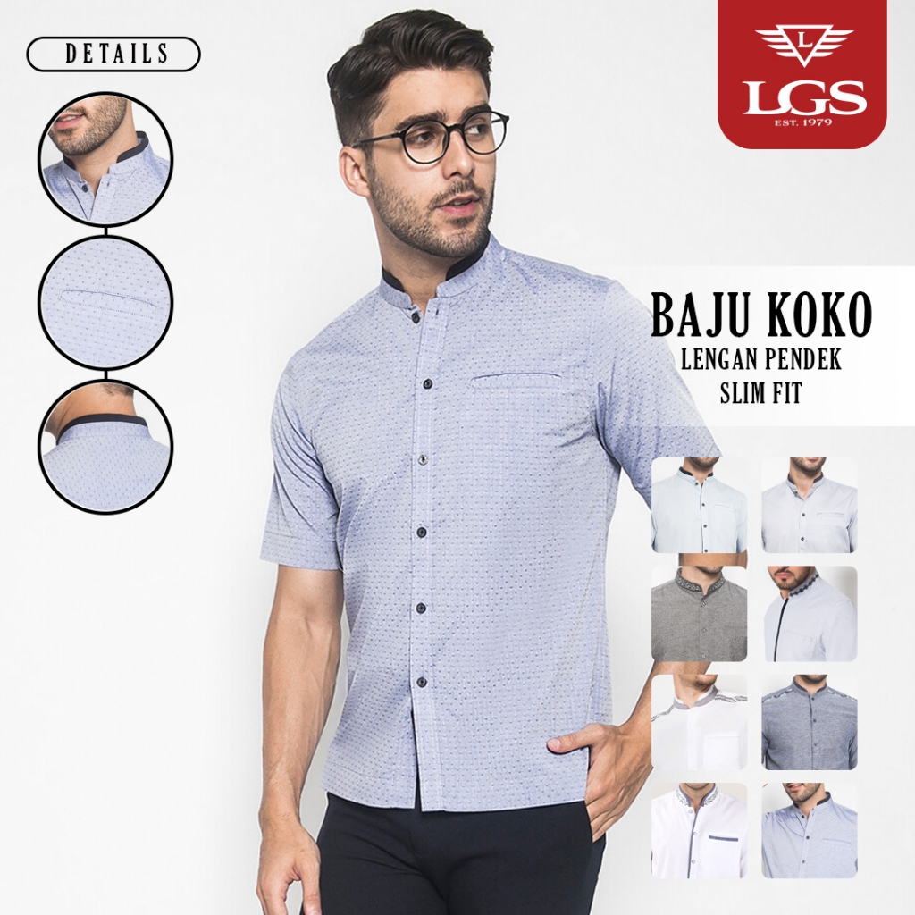 LGS - Baju Koko Pria - Kemeja Muslim Dewasa - Motif Polos - Slim Fit - Katun Nyaman - Kerah