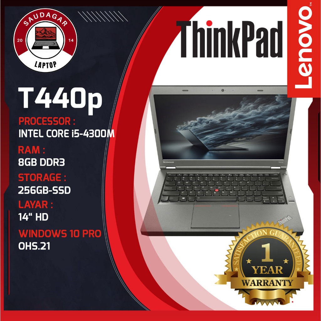Lenovo ThinkPad T440p Core i5-4300M | RAM 8GB | SSD 256GB | 14” HD | Windows 10 Pro