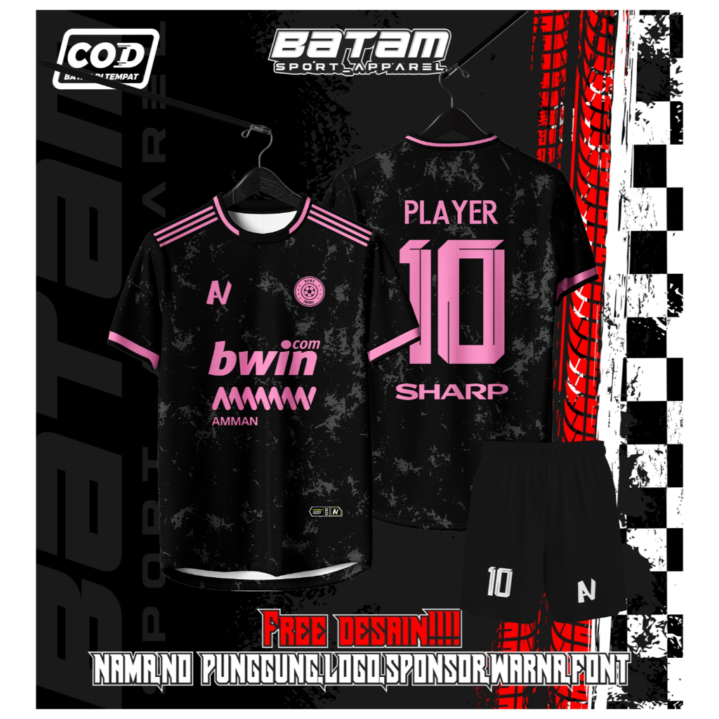 JERSEY FUTSAL / SEPAKBOLA FULL PRINTING HITAM PINK KEREN BEBAS CUSTOM DESIGN FREE NAMA DAN NOMOR PUN