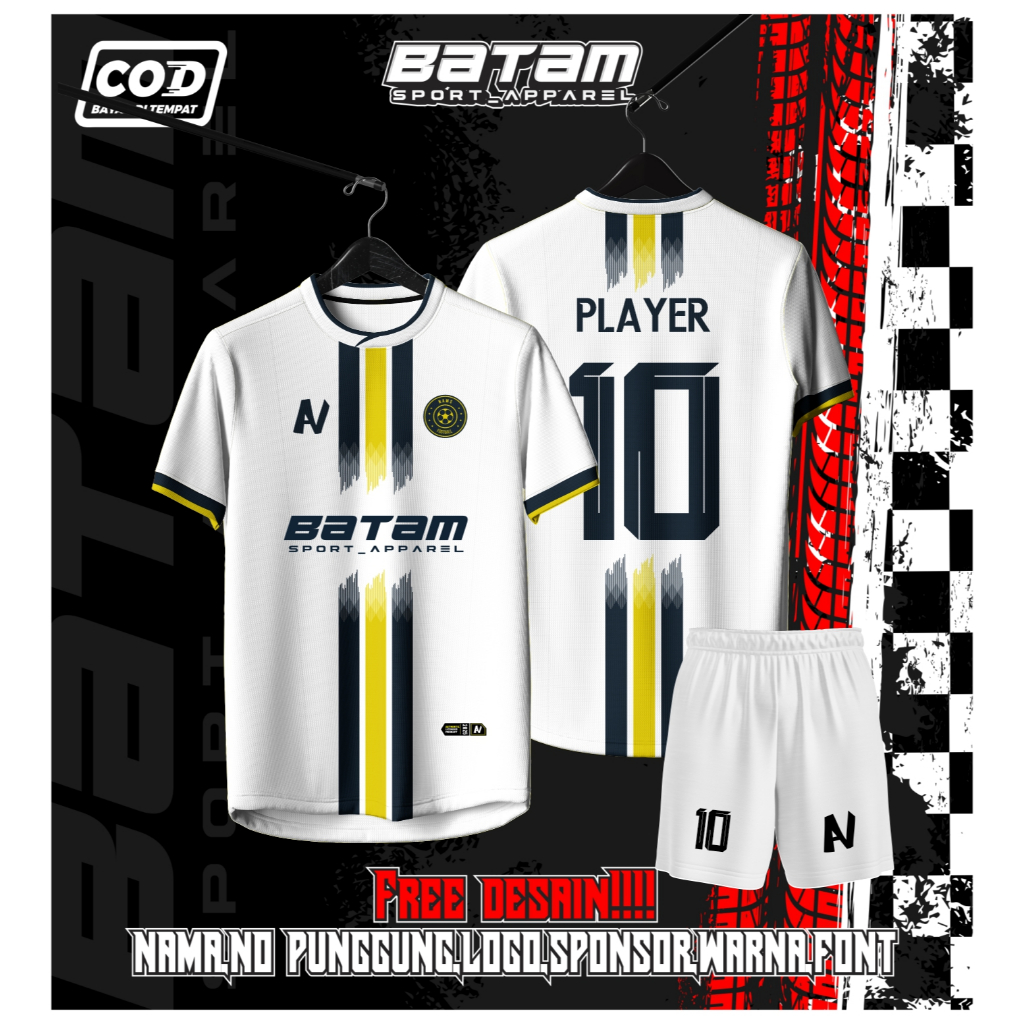 JERSEY FUTSAL / SEPAKBOLA FULL PRINTING PUTIH LIST&BIRU KUNING  KEREN BEBAS CUSTOM DESIGN FREE NAMA 