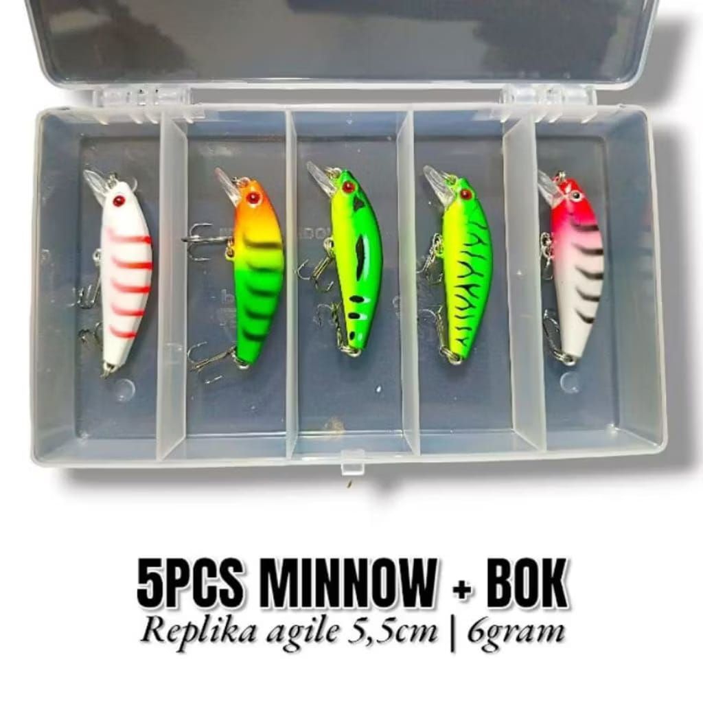 5 PCS MINNOW REPLIKA ASTUTI + BOKS . UMPAN CASTING