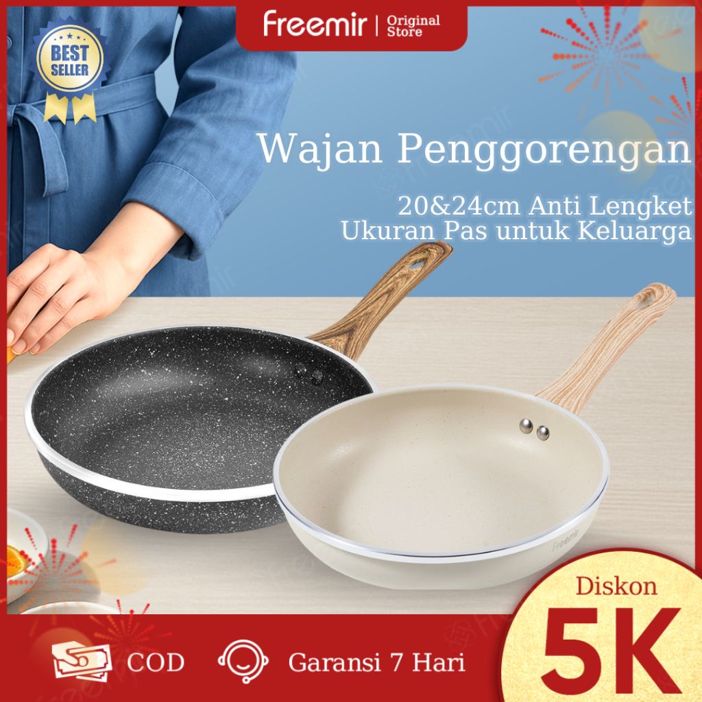 [HOT] Original freemir Wajan Frypan Penggorengan Anti Lengket 20/24 Cm Gagang Kayu Multifungsi SNI