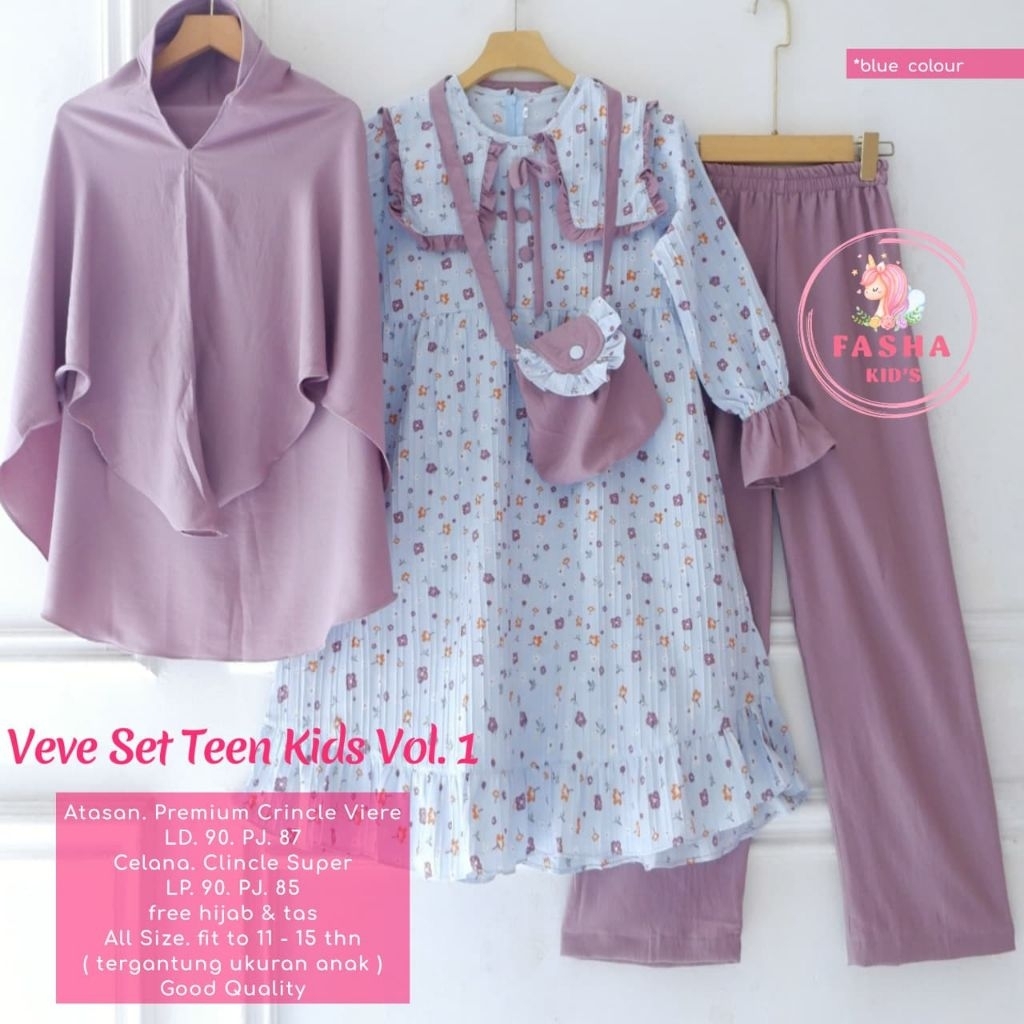 veve set teen kids tunik muslim (free jilbab) setelan muslim anak perempuan usia 10 12 13 14 15th by