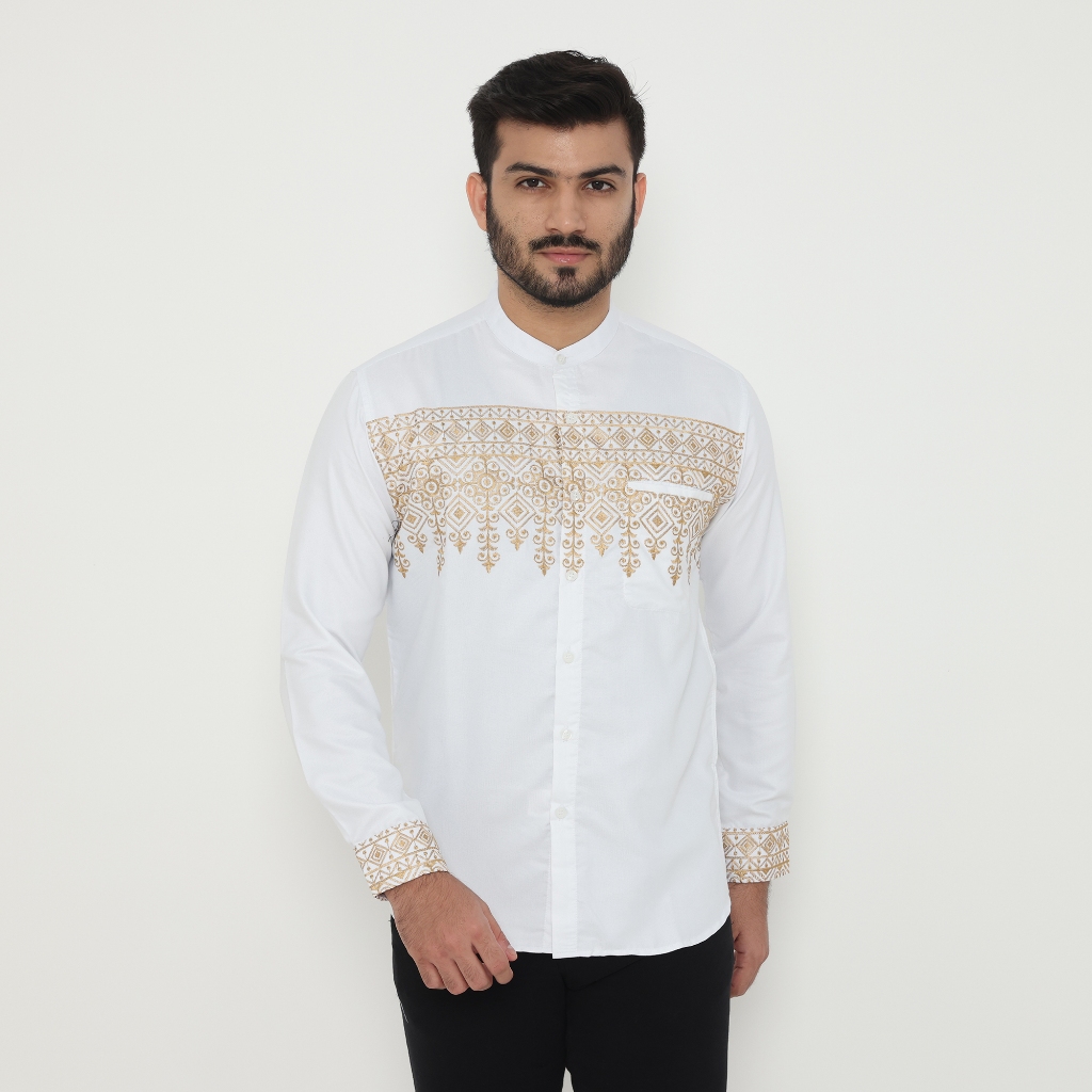 Dancus Baju Muslim Pria Baju Koko Motif Bordir Lengan Panjang Warna Putih Emas OLRM287