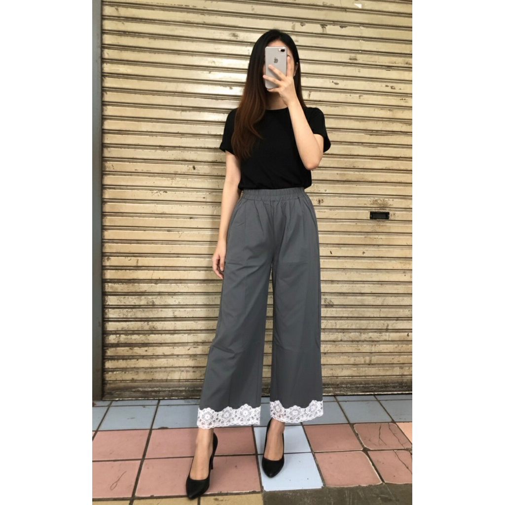 Celana Panjang Kulot Wanita Celana Pinggang Karet Renda Bawah Premium Celana Korea Style