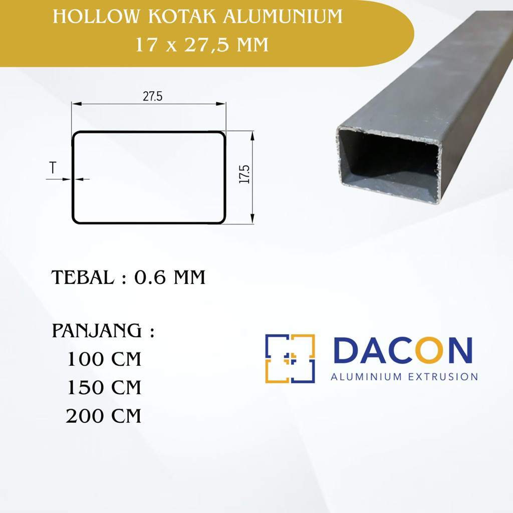 Hollow Alumunium Persegi 17.5 x 27.5 MM Panjang 1/1,5/2 Meter Hollow Alumunium Kotak Dacon