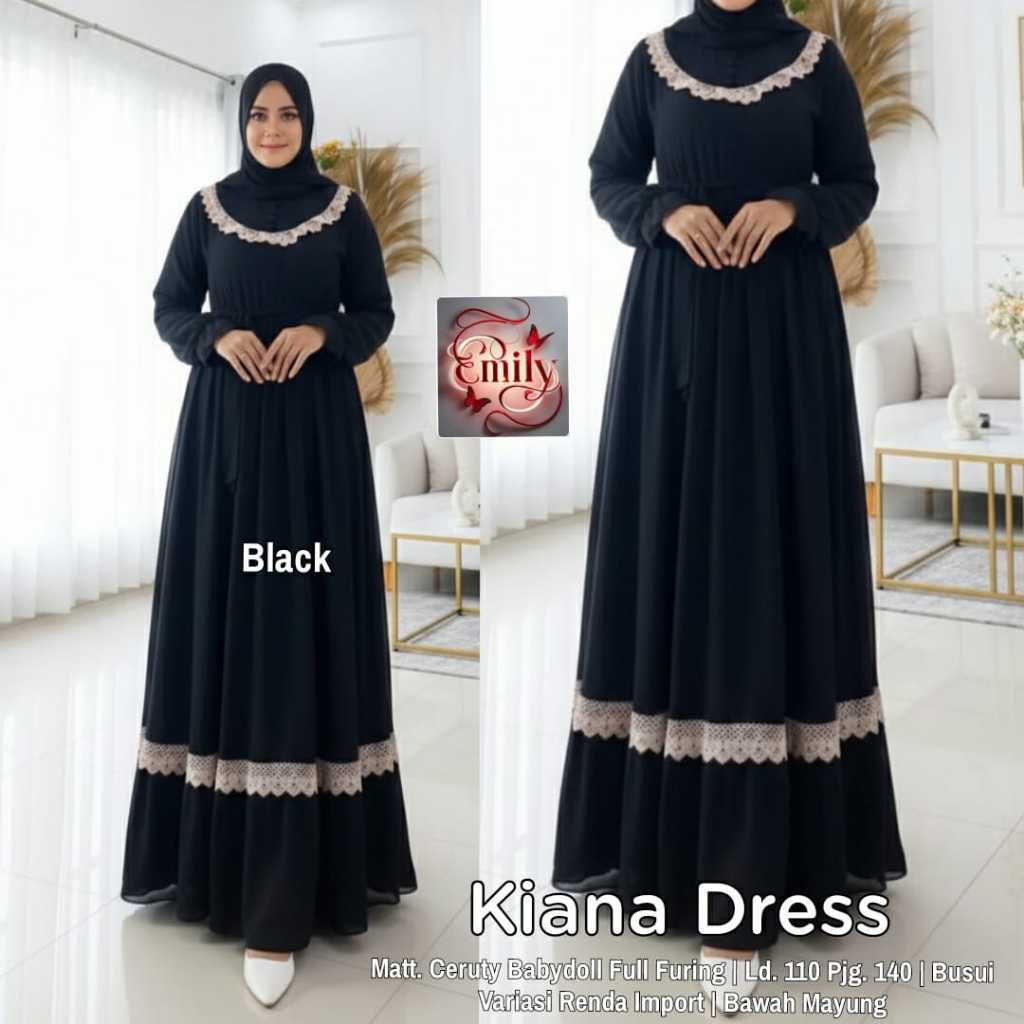 Kiana Dress Gamis Syar'i Muslimah Pesta Jumbo Original Emily Ceruty Babydoll Full Furing LD 110 PB 1
