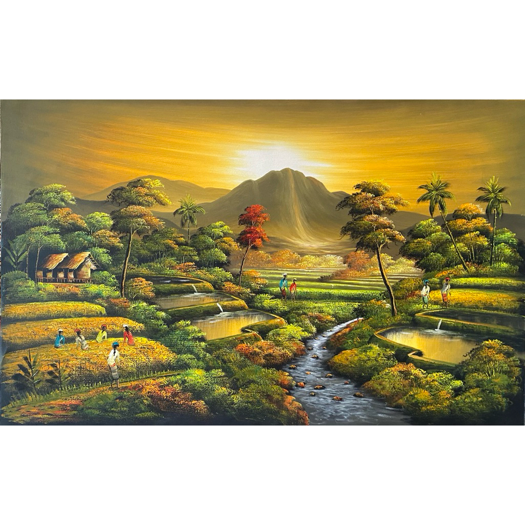 Lukisan pemandangan Sawah dan View Gunung Agung Bali, Lukisan Canvas, Landscape, Lukisan Panen Palet