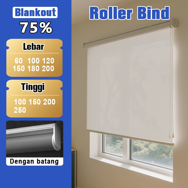 Roller Blind Jendela Blackout 75% Tirai Gulung Mudah Dipasang Roller Blind Semi Tembus Cahaya
