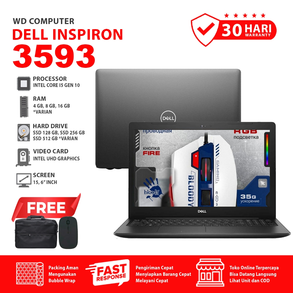 Promo Laptop Dell Inspiron 3593 Warna Hitam Core i5 gen 10 | Up to Memory 32gb Nvme 1tb | Windows 11