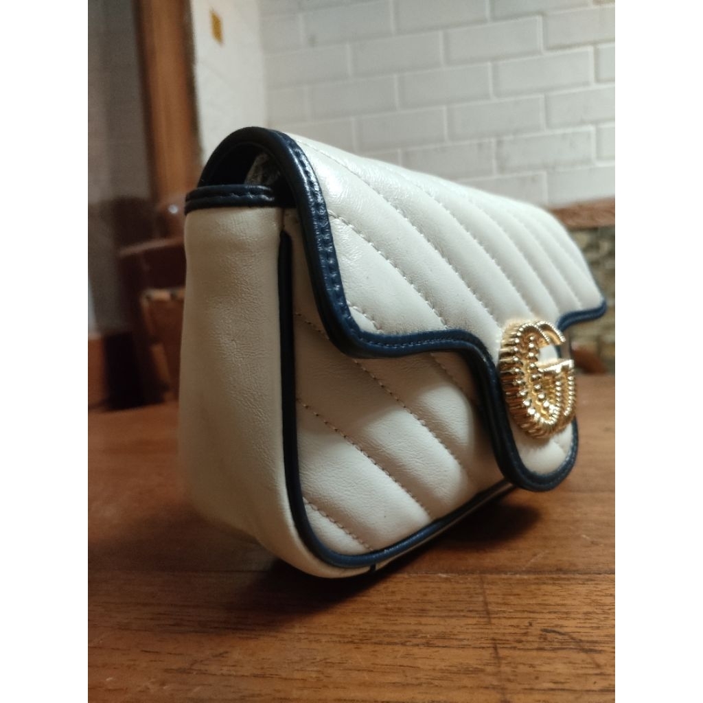 Preloved tas selempang wanita, bahan kulit, GUCONGMarmont mini diagonal in Ivory & Blue Agatha