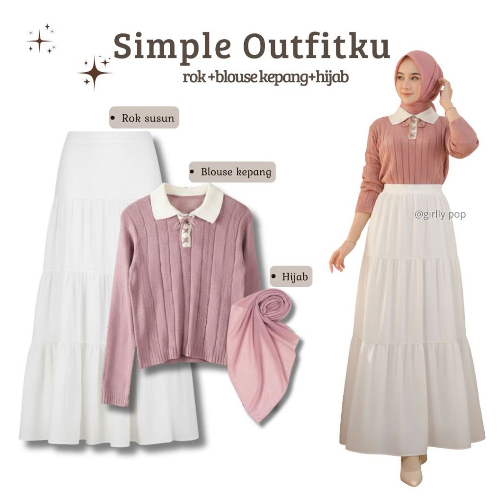 Oneset Blouse Kepang Nila Rok susun Hijab dusty pink 3 IN 1 Setelan Korean Rajut Kepang Polo LA121