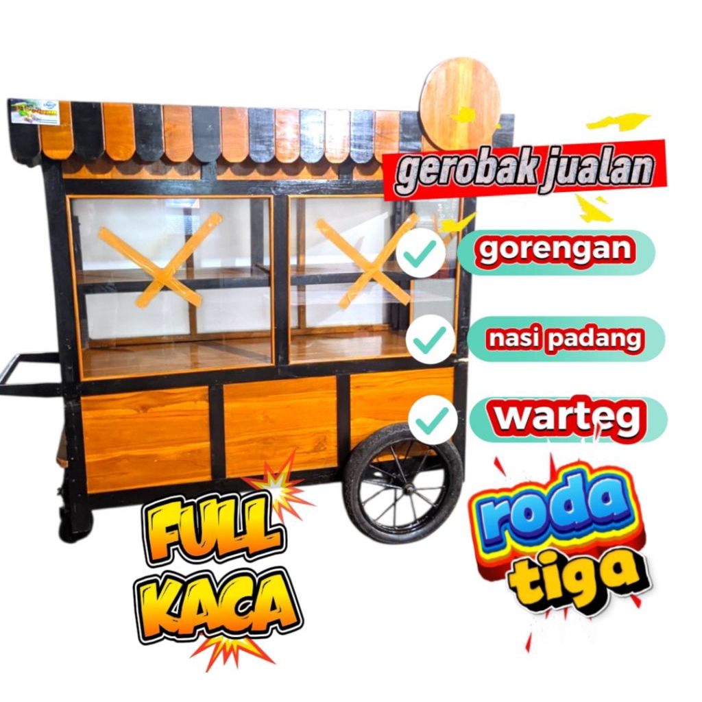 gerobak gorengan roda tiga full kaca