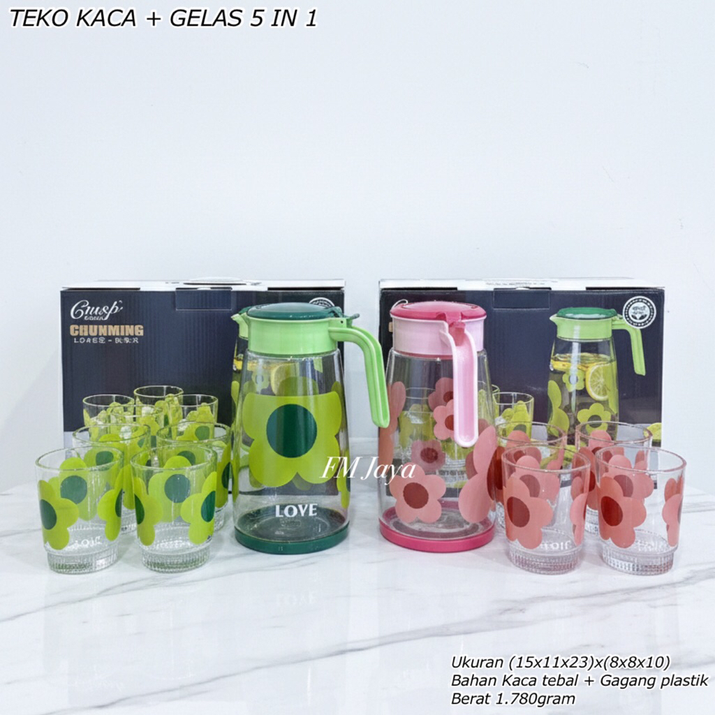 TEKO KACA + GELAS 5 IN 1 || JUICE SET || TEKO SET CANGKIF KACA MOTIF BUNGA || GLASS KETTLE WATER JUG