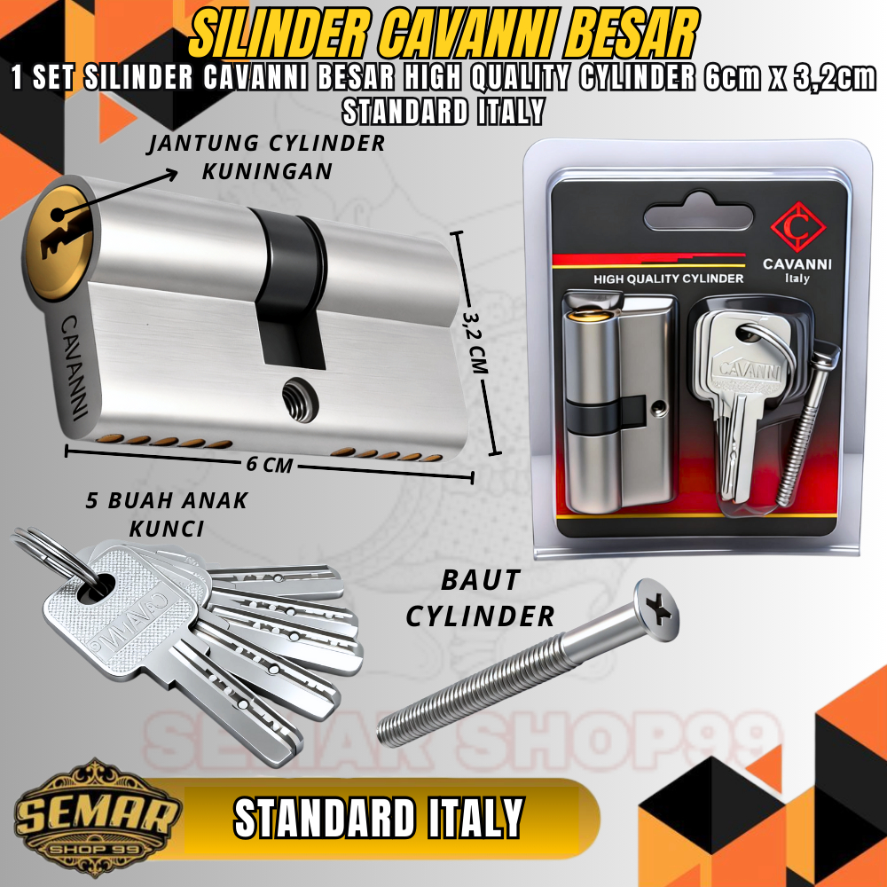 Silinder Kunci Pintu Besar 6cm x 3,2cm Cavanni Press Jantung Cylinder Kuningan 5 Anak Kunci Produk O