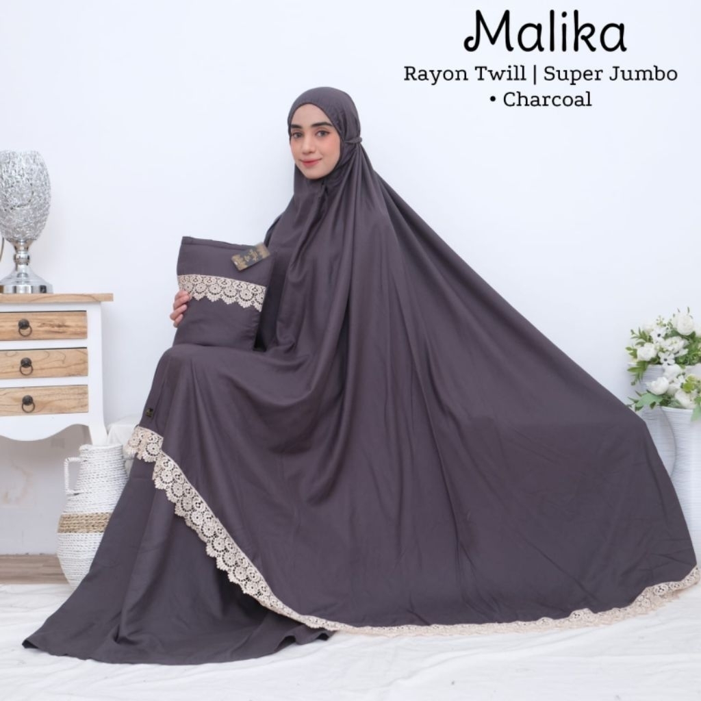 Mukena MALIKA *CHARCOAL* mukena rayon twill, mukena superjumbo renda emas