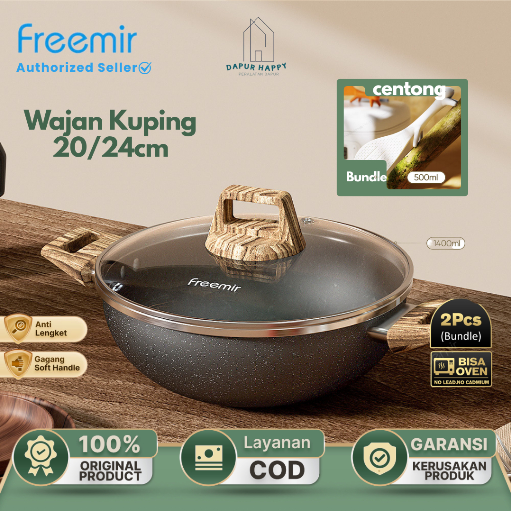 [BEST SELLER] freemir Wajan Teflon Kuping Anti Lengket Wok Pan Granit Tutup Kaca Rebus Tumis