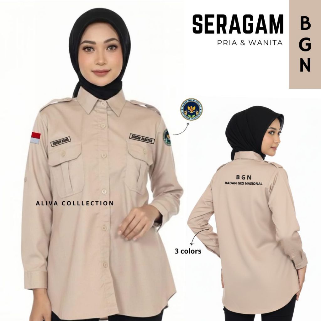 ALIVA Seragam BGN Pria Wanita Lengan Panjang Kemeja PDL Dinas Full Bordir