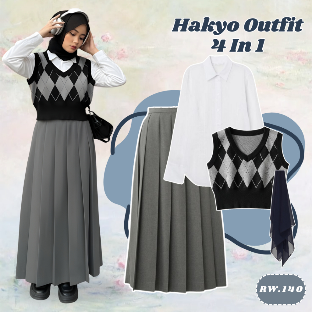1 Set Yearbook Kekinian (VestDiamond,Kemeja,RokKerja,Hijab,RokPendek) Outfit Dark Academy -RW140