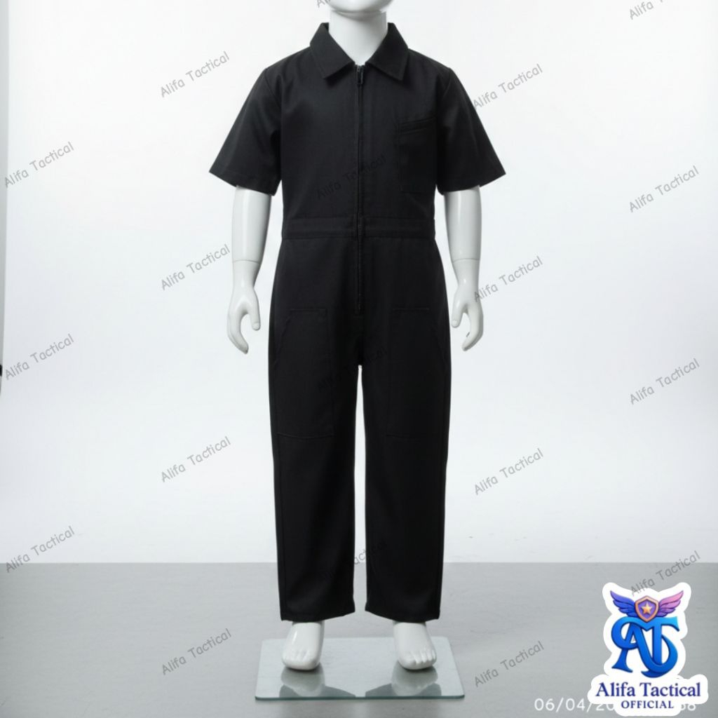 jumpsuit Anak Baju Profesi Mekanik Anak Wearpack Kostum Montir Anak Warna Hitam Lengan Pendek