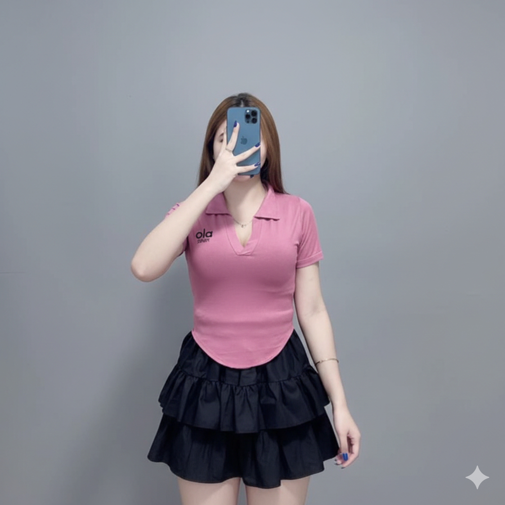 Atasan Kaos Kerah V Crop Top Lengan Pendek - Atasan Kaos Crop Bordir A4LO Oval Wanita 6084