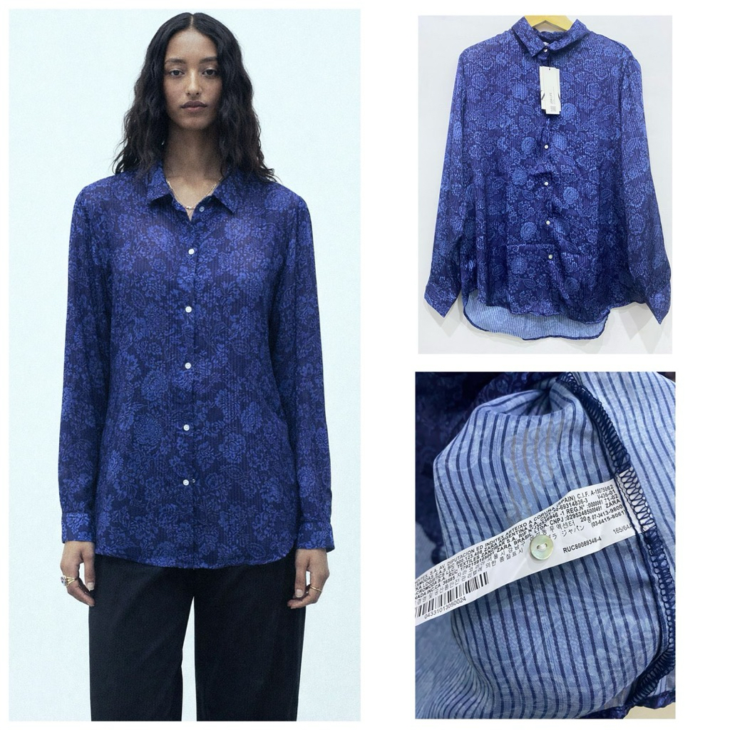 ZARA Navy Floral Long Sleeve Shirt