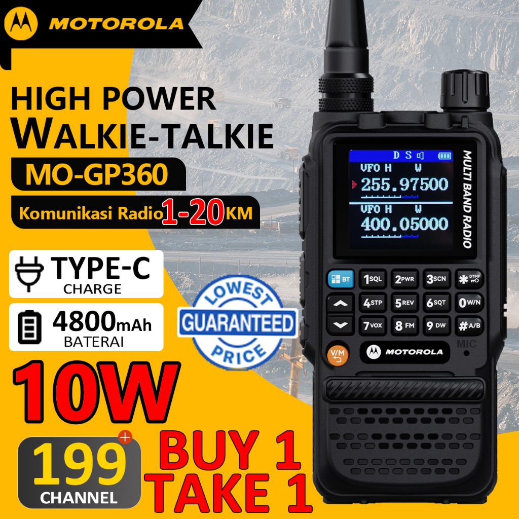 HT Motorola GP360 Plus Mini Walkie Talkie Jarak Jauh 20KM High Power 10W Dual Band Two Way Radio Cop