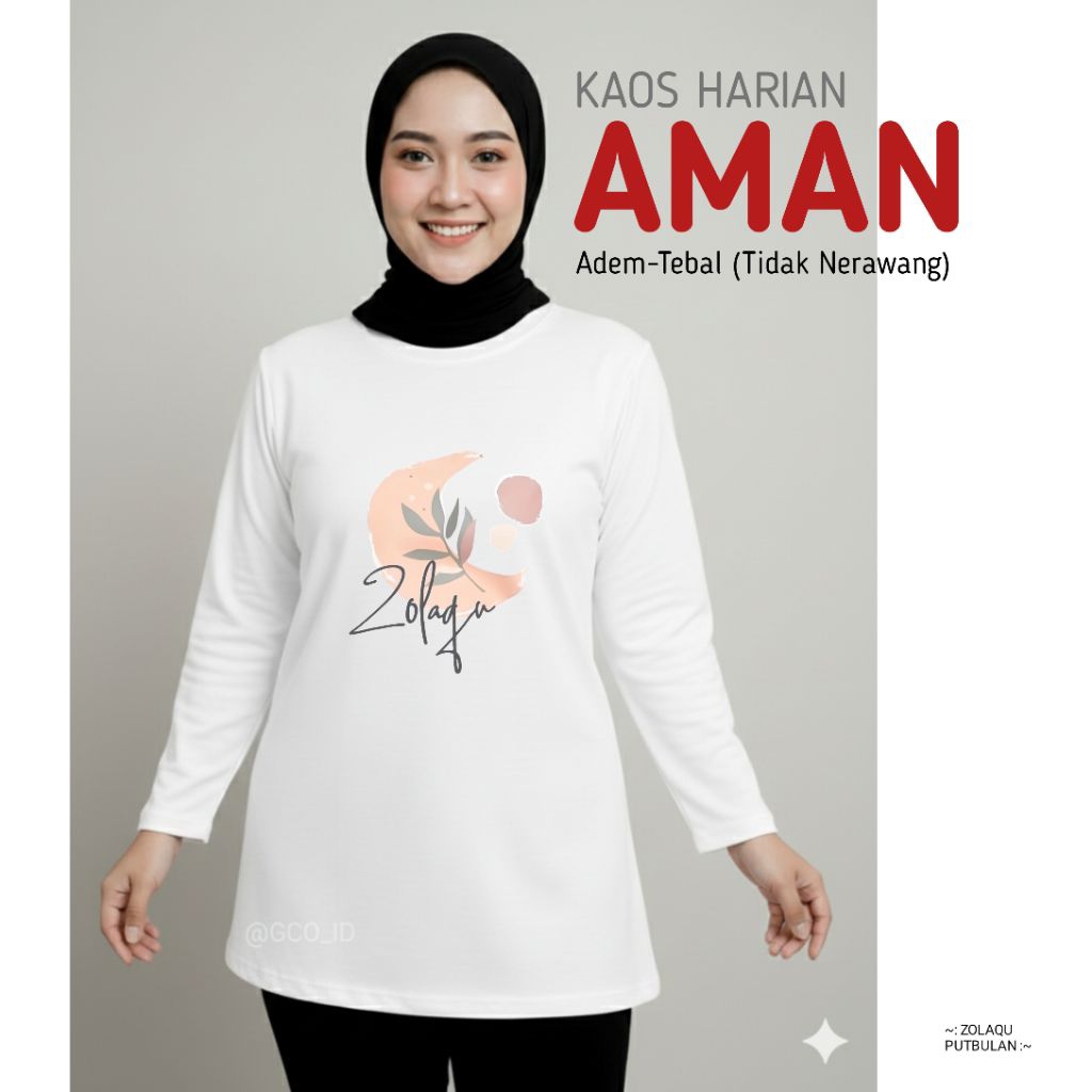 Kaos Harian Aman Zolaqu Original 2026 Katun Halus Tebal Tidak Nerawang Lengan Panjang Putih Motif