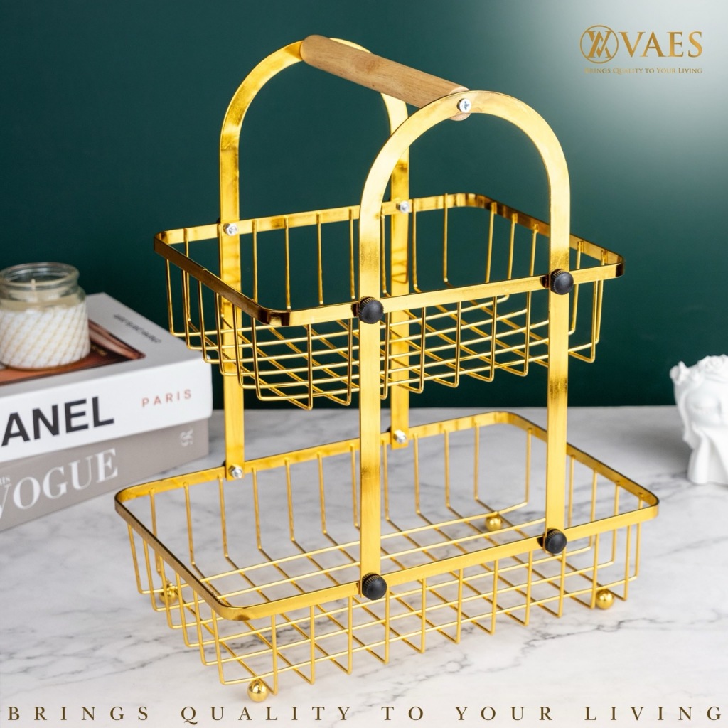 [VAES] Rak Keranjang Buah 2 Tingkat Emas A — Basket Gold 2 Susun Multifungsi Mewah Dapur Ruang Tamu